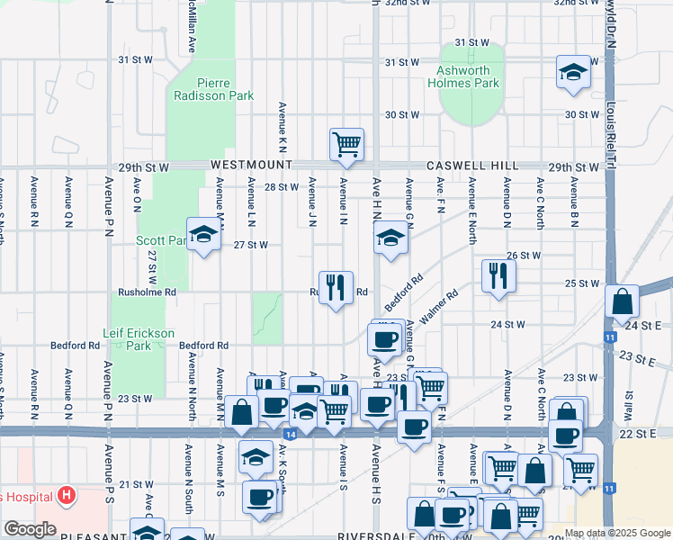 map of restaurants, bars, coffee shops, grocery stores, and more near 415 Avenue I North in Saskatoon