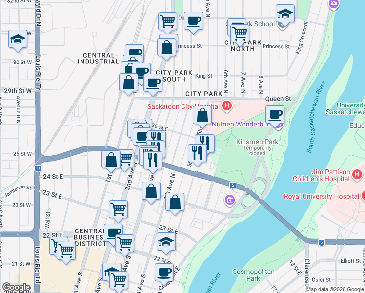map of restaurants, bars, coffee shops, grocery stores, and more near in Saskatoon