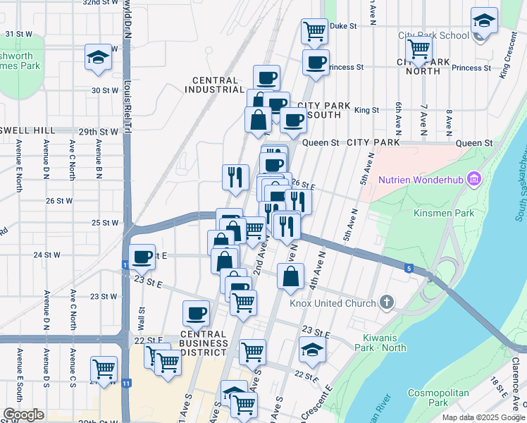 map of restaurants, bars, coffee shops, grocery stores, and more near 411 B 2nd Avenue North in Saskatoon