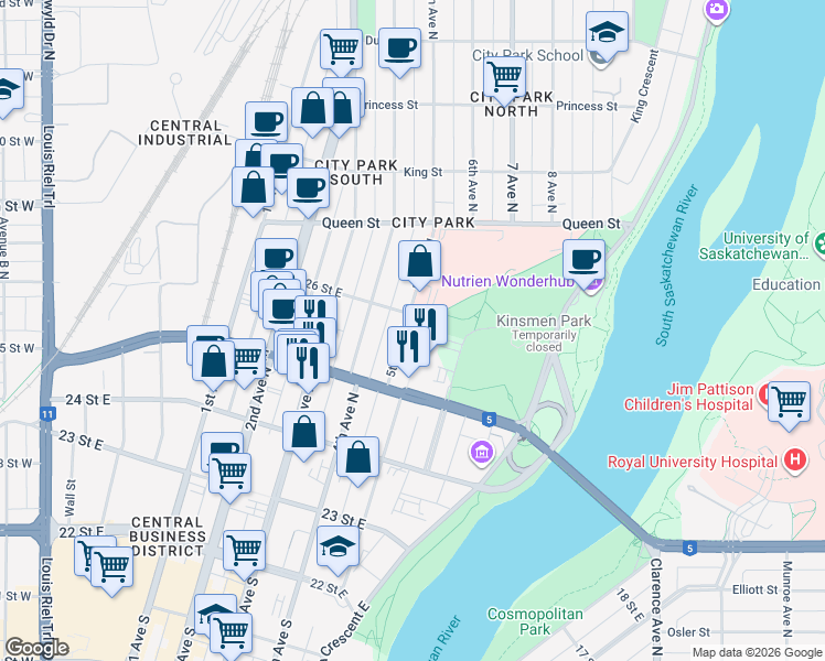 map of restaurants, bars, coffee shops, grocery stores, and more near 438 5th Avenue North in Saskatoon