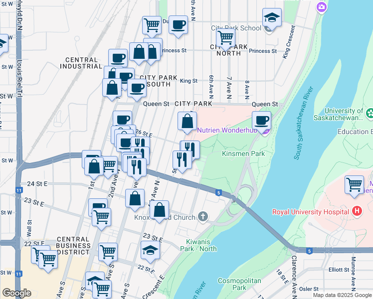 map of restaurants, bars, coffee shops, grocery stores, and more near 438 5th Avenue North in Saskatoon