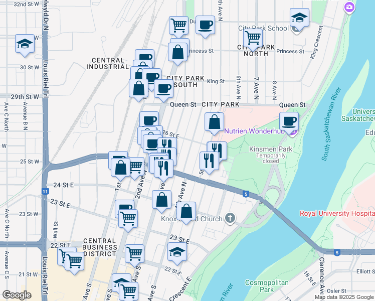 map of restaurants, bars, coffee shops, grocery stores, and more near in Saskatoon
