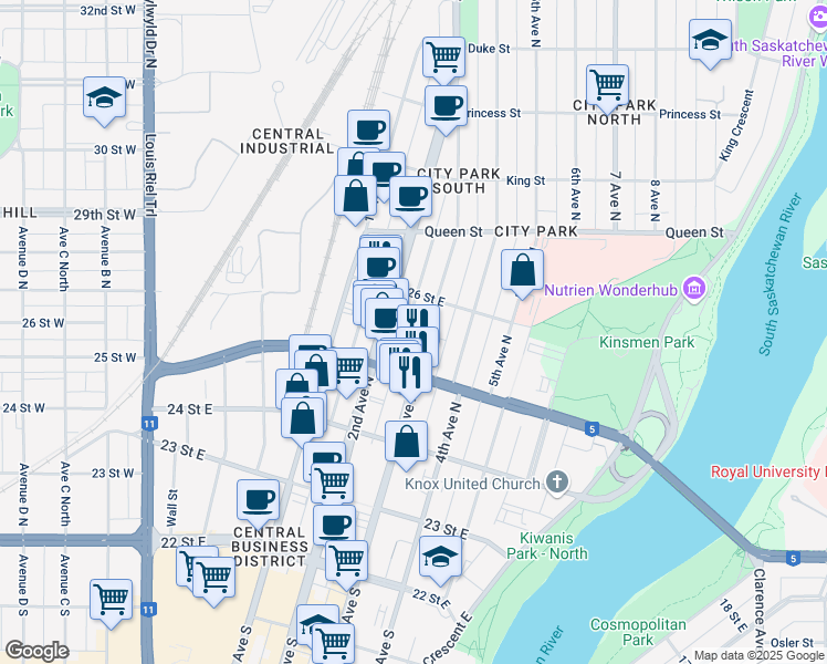 map of restaurants, bars, coffee shops, grocery stores, and more near 425 3 Avenue North in Saskatoon