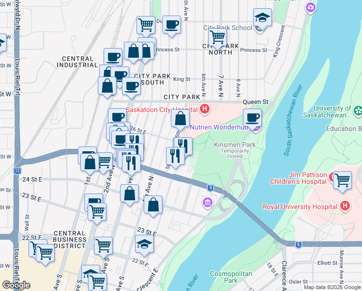 map of restaurants, bars, coffee shops, grocery stores, and more near 444 5th Avenue North in Saskatoon