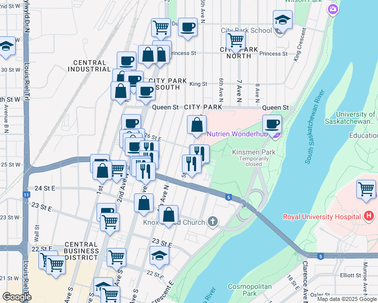 map of restaurants, bars, coffee shops, grocery stores, and more near 438 5th Avenue North in Saskatoon