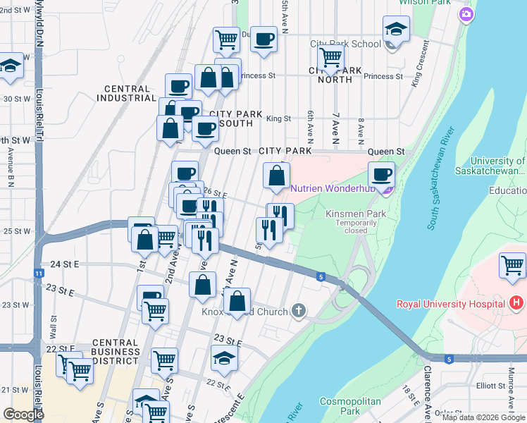 map of restaurants, bars, coffee shops, grocery stores, and more near 445 5th Avenue North in Saskatoon