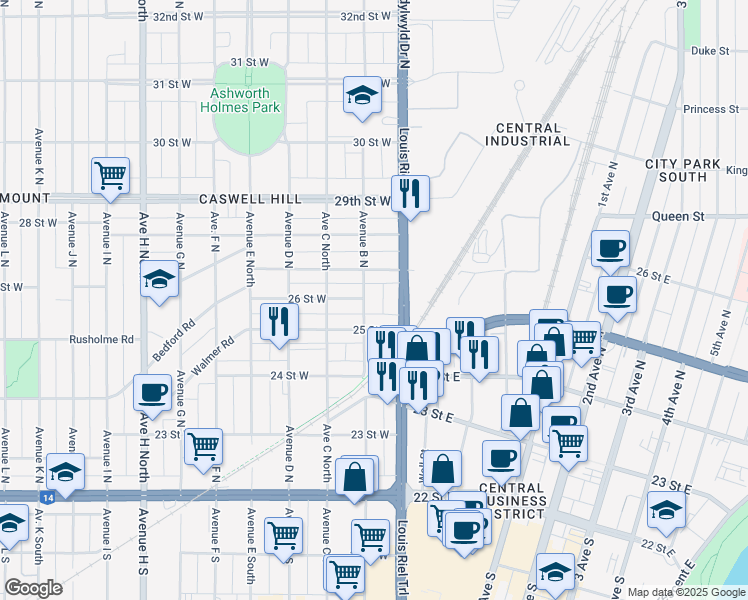 map of restaurants, bars, coffee shops, grocery stores, and more near 112 25 Street West in Saskatoon