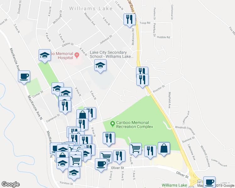 map of restaurants, bars, coffee shops, grocery stores, and more near 605 Carson Drive in Williams Lake