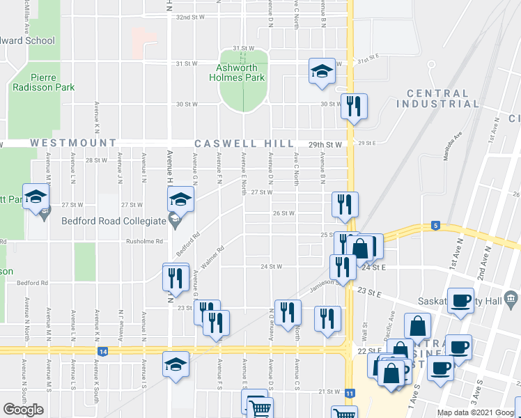 map of restaurants, bars, coffee shops, grocery stores, and more near 408 26 Street West in Saskatoon