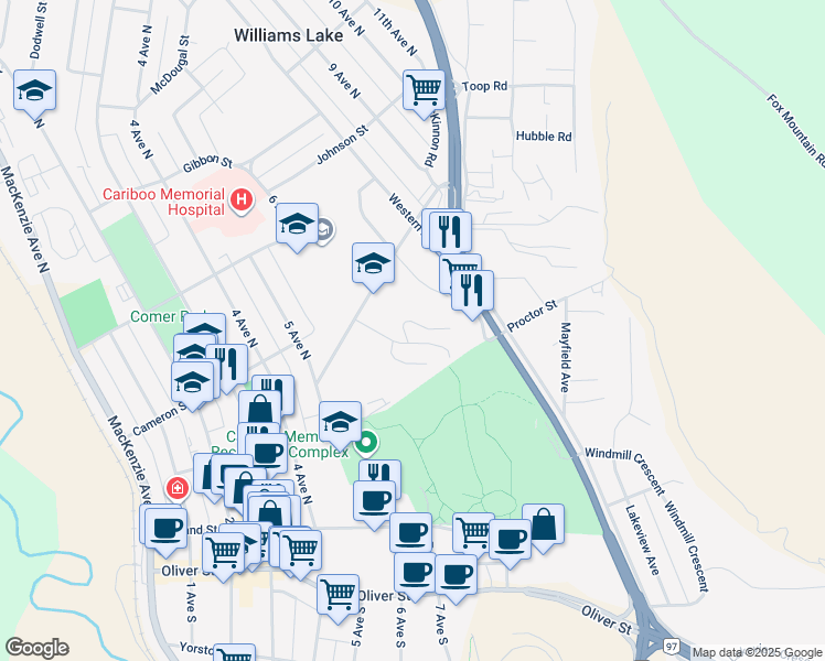 map of restaurants, bars, coffee shops, grocery stores, and more near 605 Carson Drive in Williams Lake