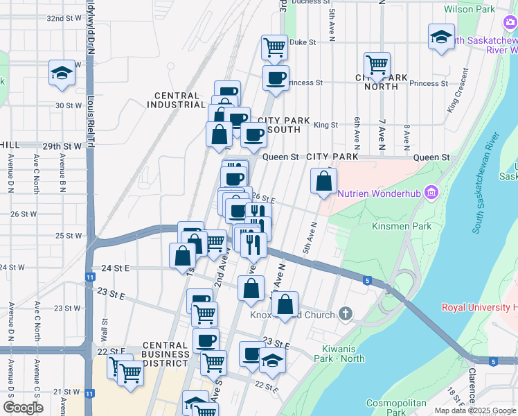 map of restaurants, bars, coffee shops, grocery stores, and more near 431 3 Avenue North in Saskatoon