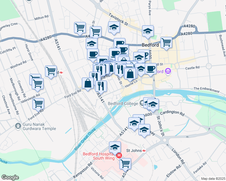 map of restaurants, bars, coffee shops, grocery stores, and more near Commercial Road in Bedford