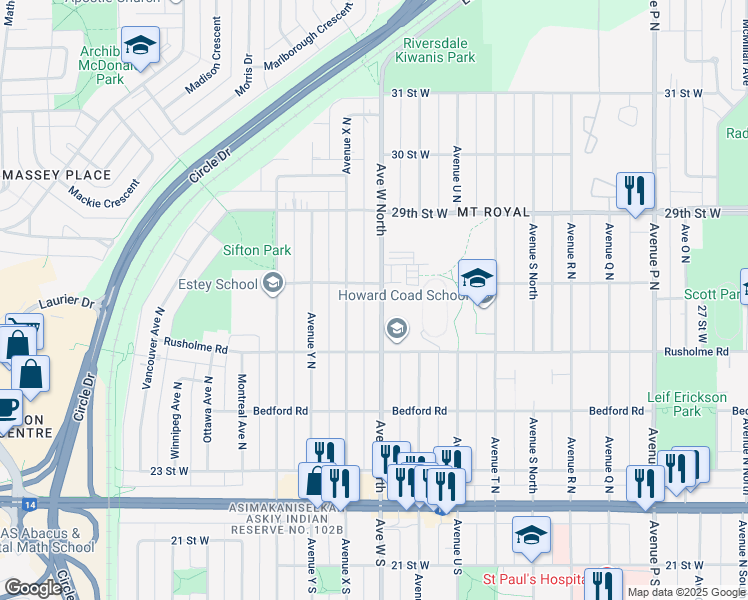 map of restaurants, bars, coffee shops, grocery stores, and more near 437 Avenue W North in Saskatoon