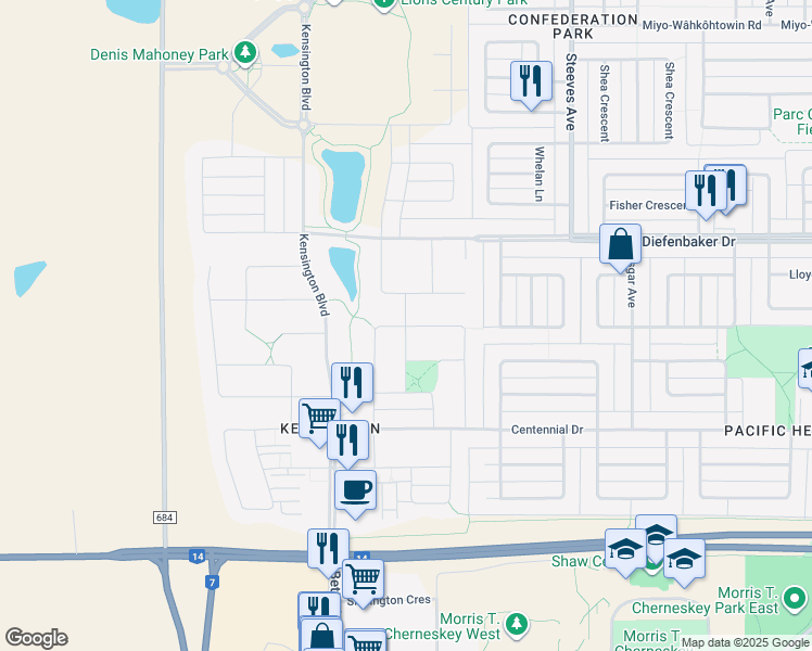 map of restaurants, bars, coffee shops, grocery stores, and more near Childers Way in Saskatoon