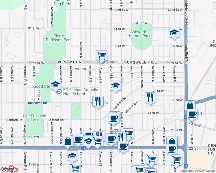 map of restaurants, bars, coffee shops, grocery stores, and more near 513 Avenue H North in Saskatoon
