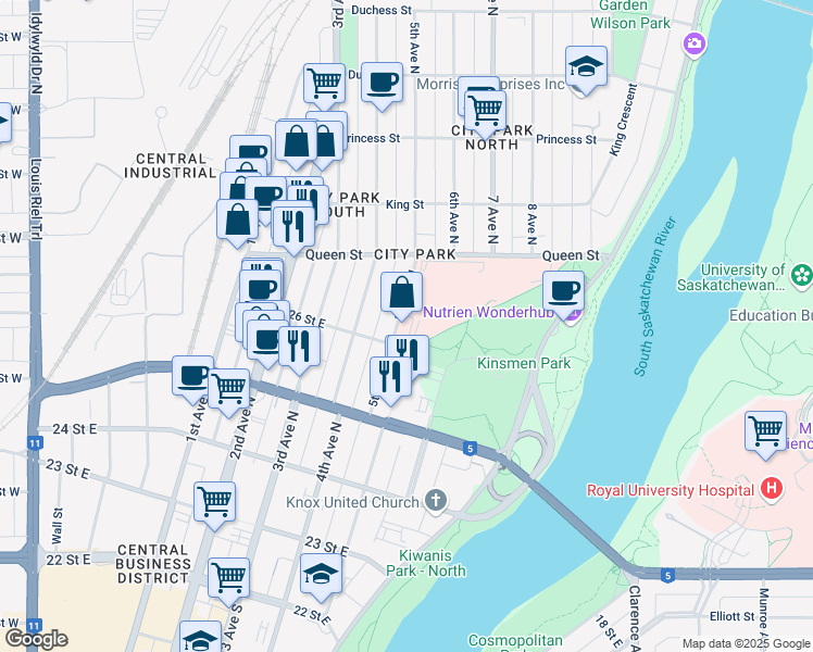 map of restaurants, bars, coffee shops, grocery stores, and more near 510 5th Avenue North in Saskatoon