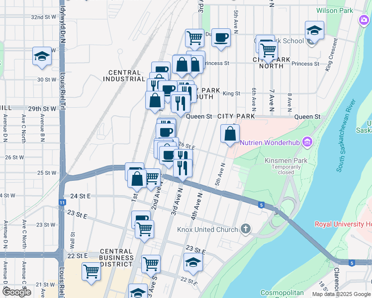 map of restaurants, bars, coffee shops, grocery stores, and more near 445 3 Avenue North in Saskatoon