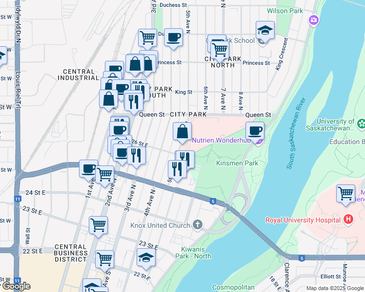map of restaurants, bars, coffee shops, grocery stores, and more near 525 5th Avenue North in Saskatoon