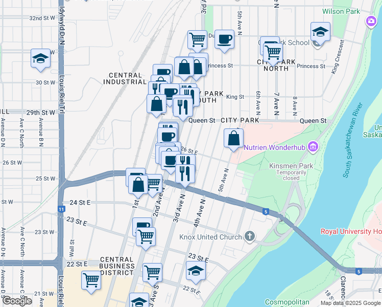 map of restaurants, bars, coffee shops, grocery stores, and more near 513 3rd Avenue North in Saskatoon