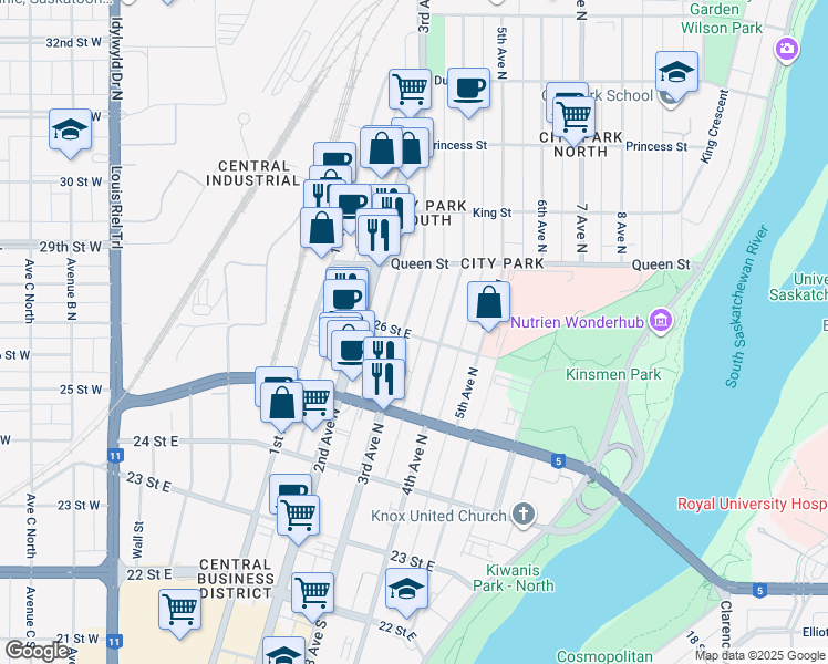 map of restaurants, bars, coffee shops, grocery stores, and more near 513 3rd Avenue North in Saskatoon