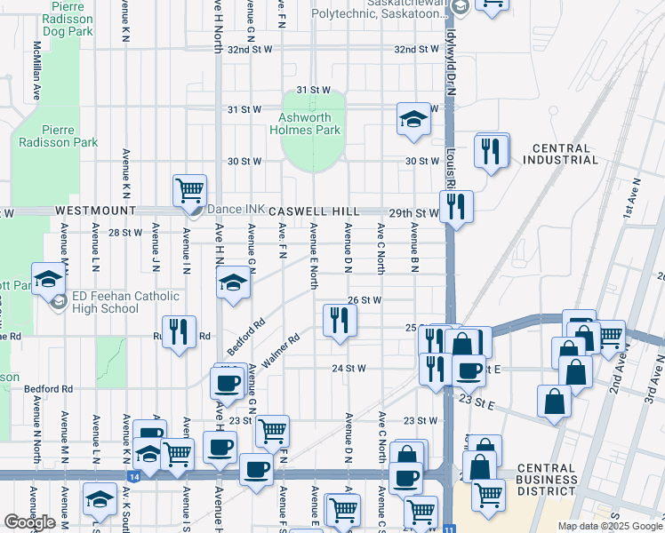 map of restaurants, bars, coffee shops, grocery stores, and more near 603 Avenue D North in Saskatoon