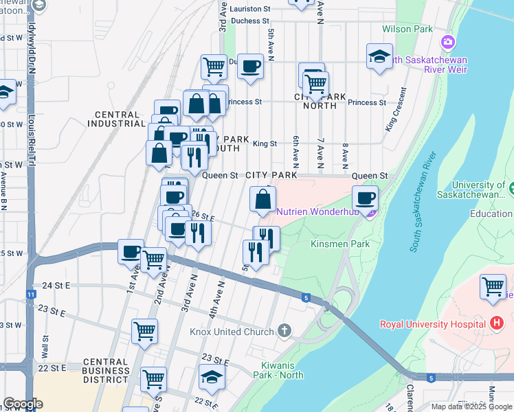 map of restaurants, bars, coffee shops, grocery stores, and more near 525 5th Avenue North in Saskatoon