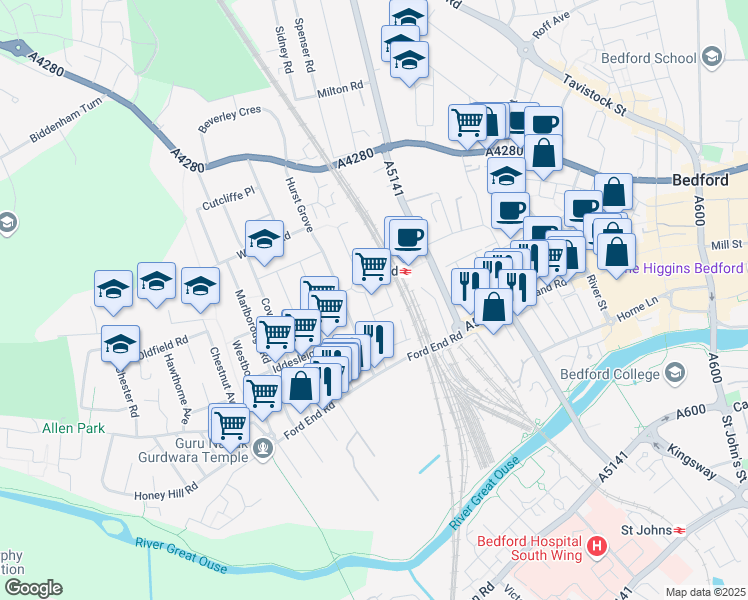 map of restaurants, bars, coffee shops, grocery stores, and more near Henley Road in Bedford