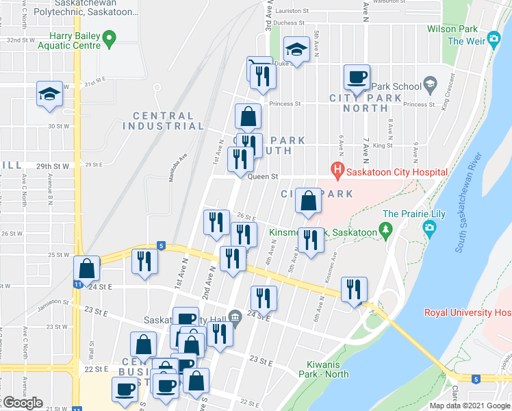 map of restaurants, bars, coffee shops, grocery stores, and more near 513 3rd Avenue North in Saskatoon