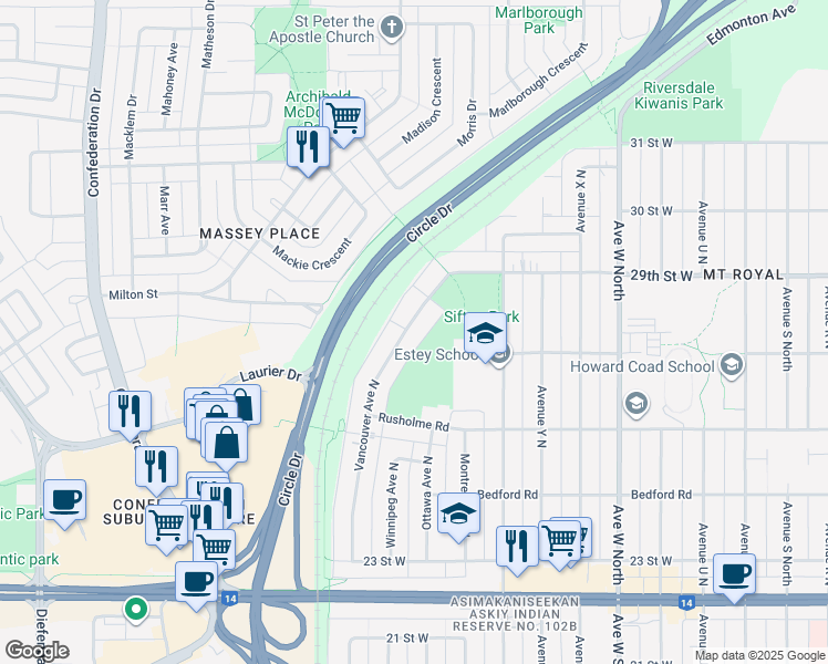 map of restaurants, bars, coffee shops, grocery stores, and more near 510 Vancouver Avenue North in Saskatoon
