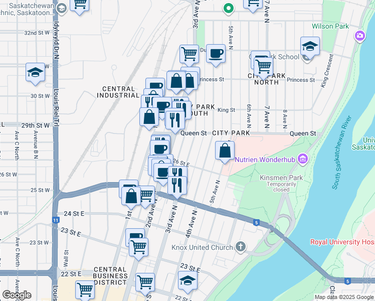map of restaurants, bars, coffee shops, grocery stores, and more near 513 3rd Avenue North in Saskatoon