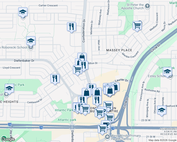 map of restaurants, bars, coffee shops, grocery stores, and more near 714 Confederation Drive in Saskatoon