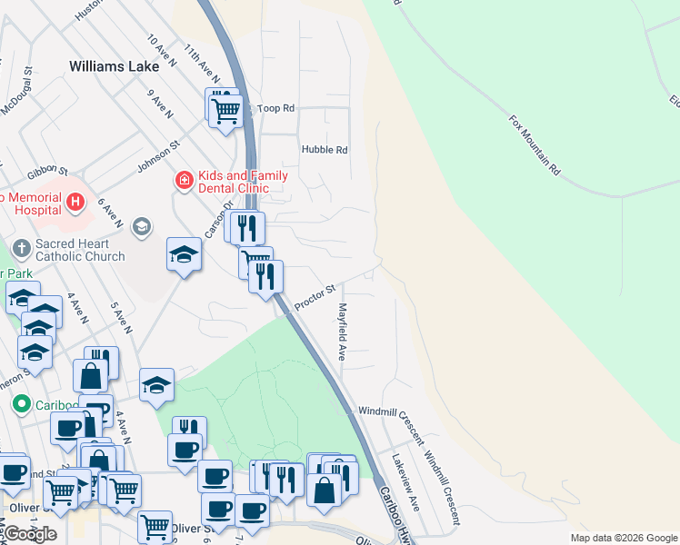 map of restaurants, bars, coffee shops, grocery stores, and more near 908 Proctor Street in Williams Lake