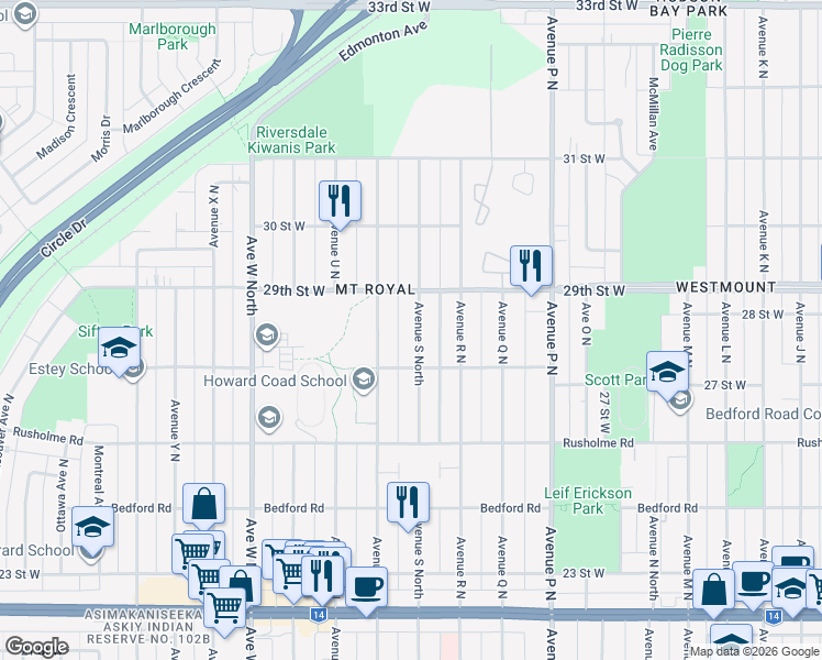 map of restaurants, bars, coffee shops, grocery stores, and more near 605 Avenue S North in Saskatoon