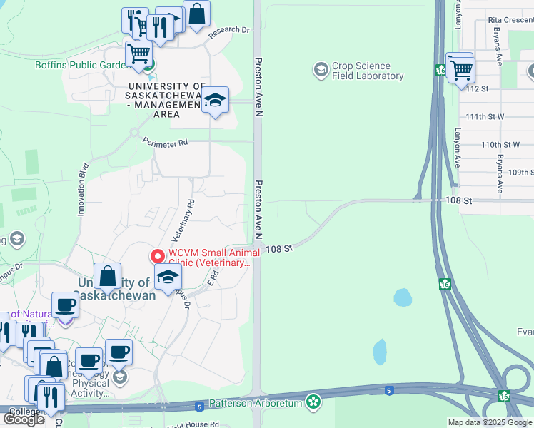 map of restaurants, bars, coffee shops, grocery stores, and more near 1075 Preston Avenue North in Saskatoon