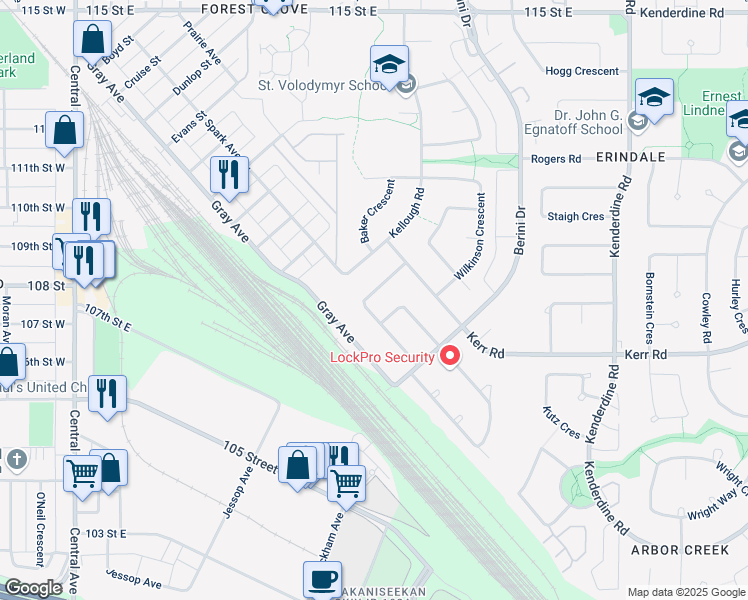 map of restaurants, bars, coffee shops, grocery stores, and more near 131 Armstrong Crescent in Saskatoon
