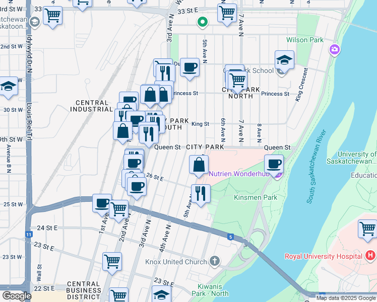 map of restaurants, bars, coffee shops, grocery stores, and more near 418 Queen Street in Saskatoon