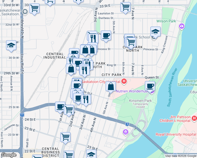map of restaurants, bars, coffee shops, grocery stores, and more near 305 Queen Street in Saskatoon
