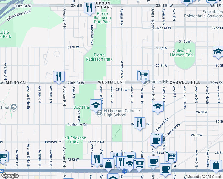 map of restaurants, bars, coffee shops, grocery stores, and more near Avenue L North in Saskatoon