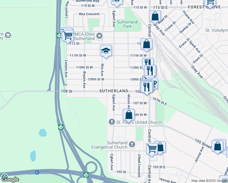 map of restaurants, bars, coffee shops, grocery stores, and more near Egbert Avenue in Saskatoon
