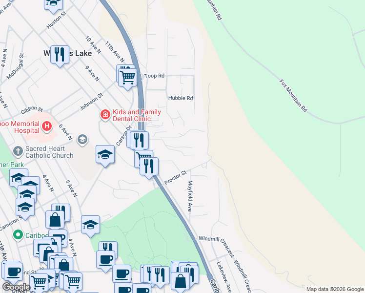 map of restaurants, bars, coffee shops, grocery stores, and more near 280 Broadway Avenue North in Williams Lake