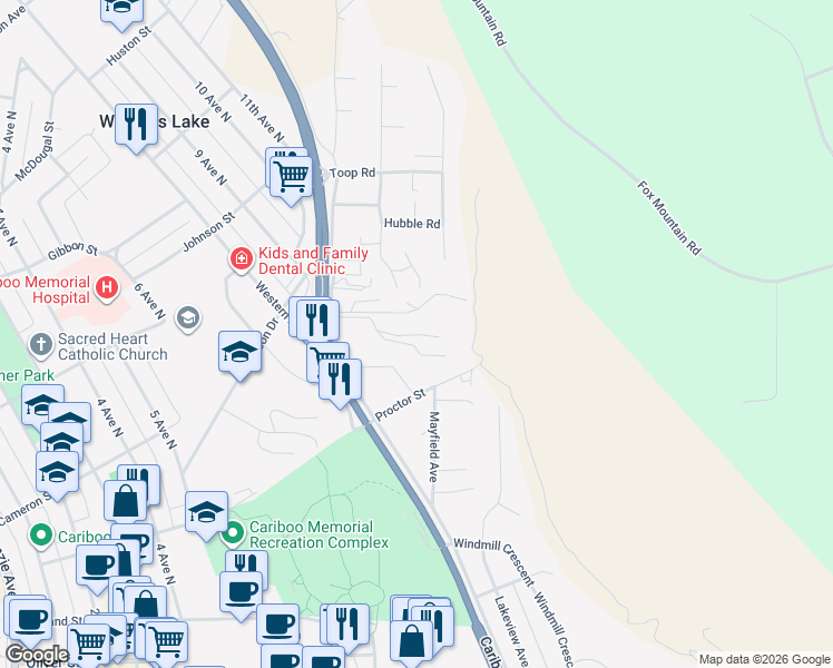 map of restaurants, bars, coffee shops, grocery stores, and more near 280 Broadway Avenue North in Williams Lake