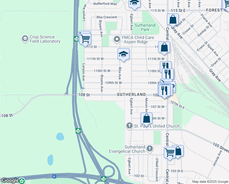 map of restaurants, bars, coffee shops, grocery stores, and more near 306 108 Street in Saskatoon