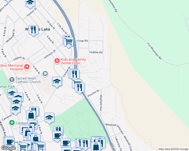 map of restaurants, bars, coffee shops, grocery stores, and more near 282 Broadway Avenue North in Williams Lake