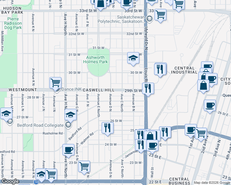 map of restaurants, bars, coffee shops, grocery stores, and more near 313 29th Street West in Saskatoon