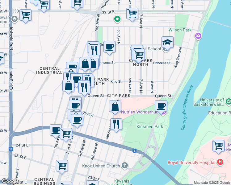 map of restaurants, bars, coffee shops, grocery stores, and more near 418 Queen Street in Saskatoon