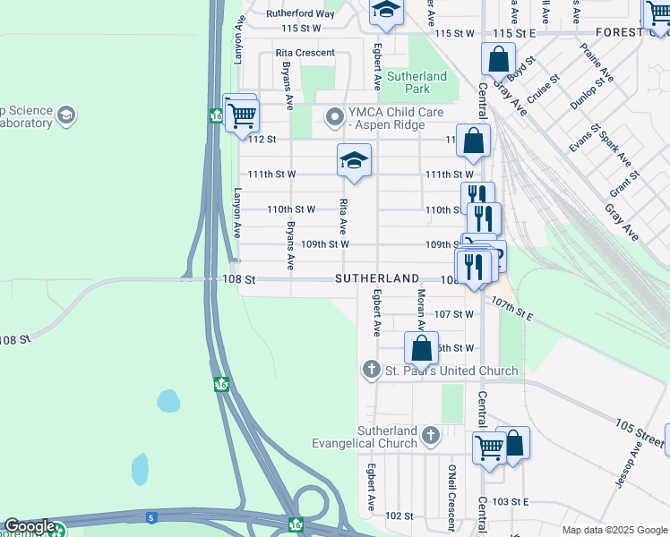 map of restaurants, bars, coffee shops, grocery stores, and more near 306 108 Street in Saskatoon