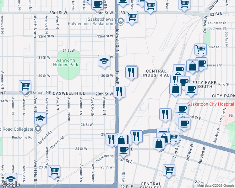 map of restaurants, bars, coffee shops, grocery stores, and more near Louis Riel Trail in Saskatoon