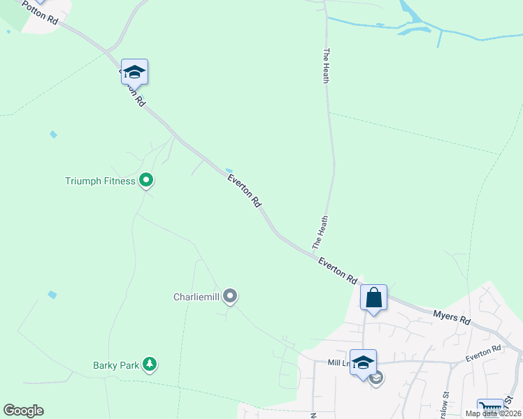 map of restaurants, bars, coffee shops, grocery stores, and more near Everton Road in Potton