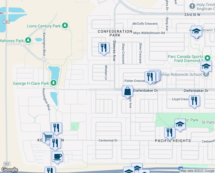 map of restaurants, bars, coffee shops, grocery stores, and more near 3922 Diefenbaker Drive in Saskatoon