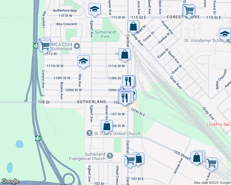 map of restaurants, bars, coffee shops, grocery stores, and more near 107 109th Street West in Saskatoon